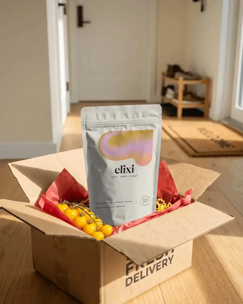 Food Grade Pouch Mockup With Zipper Closure In Cardboard Box At Home Setting