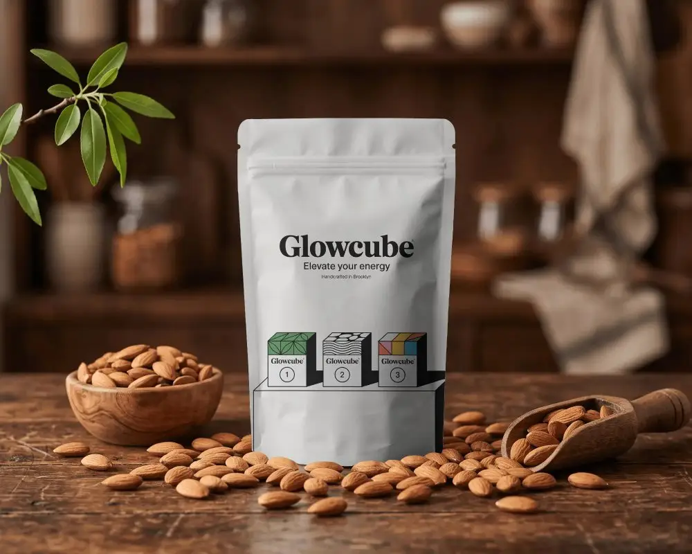 Resealable Pouch Mockup With Scattered Almonds And Wooden Scoop In Rustic Kitchen Setting