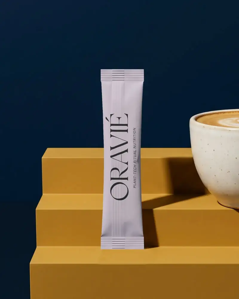 Vertical Flexible Pack Pouch Mockup Showcasing Simple Design With Coffee Cup And Geometric Steps