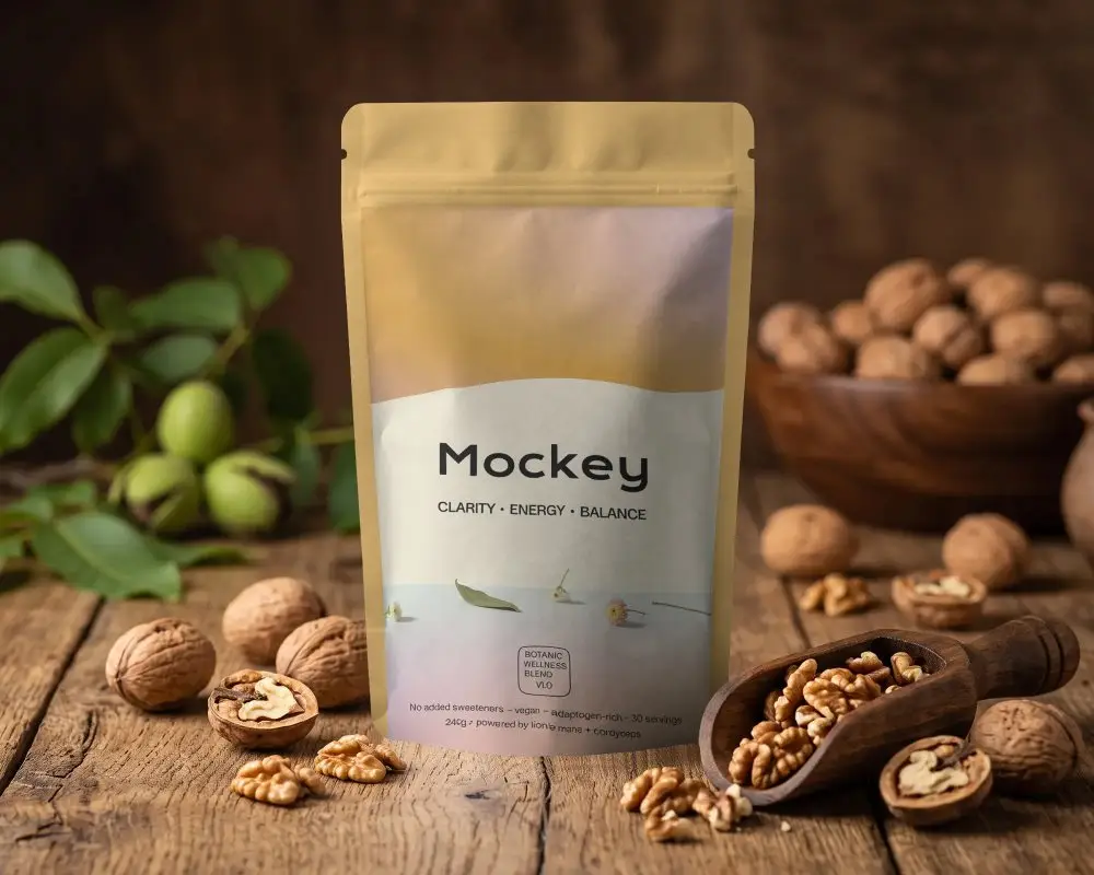Eco Friendly Ziplock Pouch Mockup With Wooden Bowl And Nuts On Rustic Table