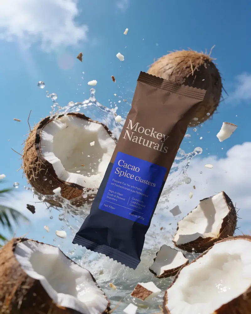 Creative Floating Pouch Mockup With Splashing Coconut Pieces For Product Display Ideas