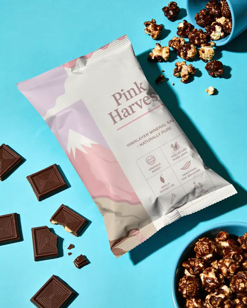 Empty Food Pouch Mockup With Caramel Coated Popcorn And Chocolate Bars Background