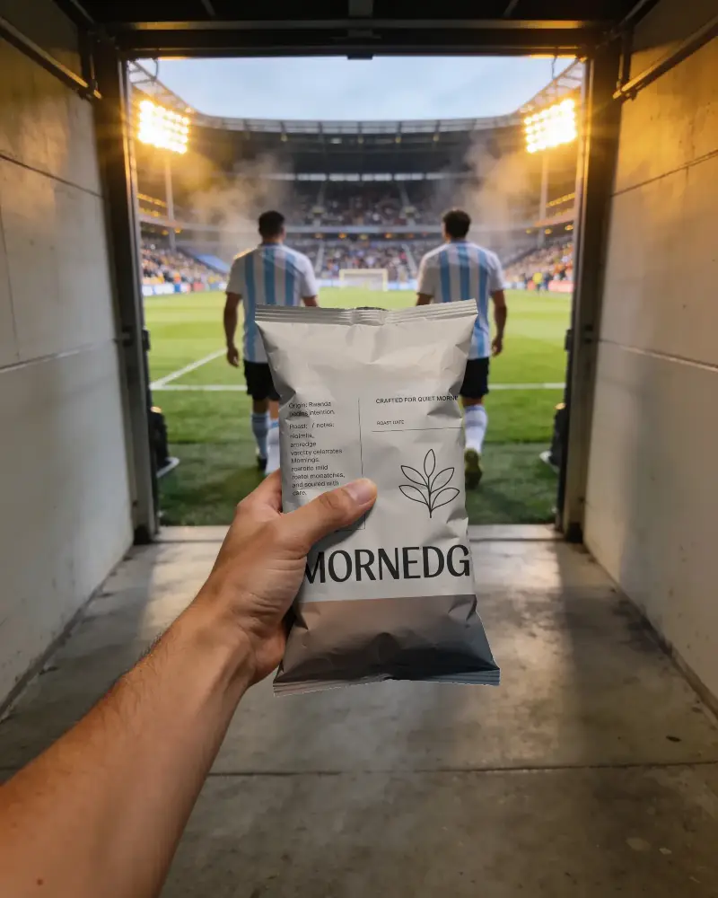 Hand Holding Flexible Snack Pouch Mockup Front View Sports Stadium Tunnel Background