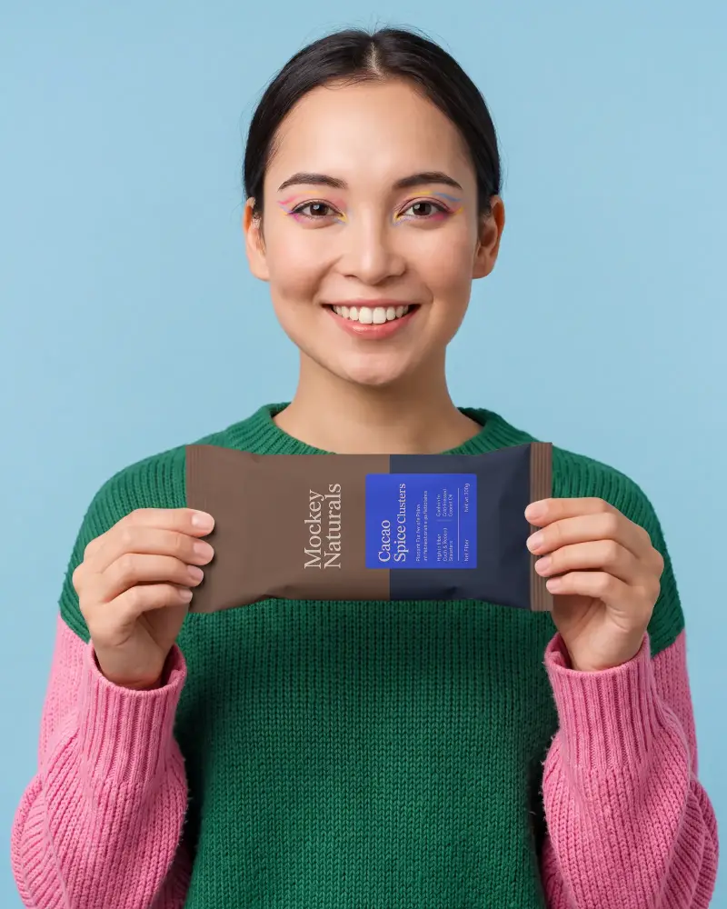 Front View Person Displaying Blank Soft Pouch Bag Mockup For Branding Design