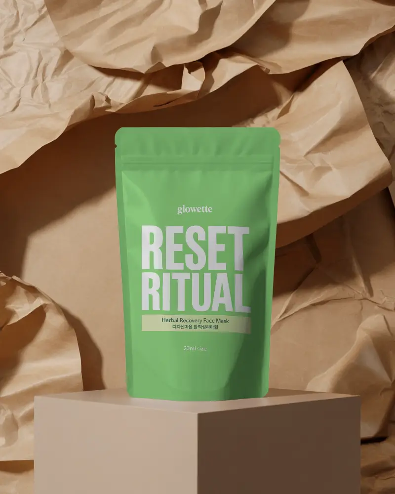 Tilted Pouch Mockup On Caramel Velvet Sofa Soft Warm Lighting Luxury Lounge Aesthetic