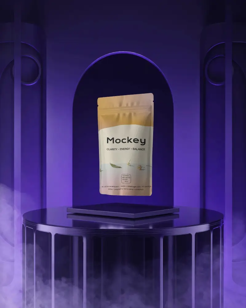 Futuristic Spotlight Pouch Mockup Glowing Arches Dark Purple Scene Floating Display