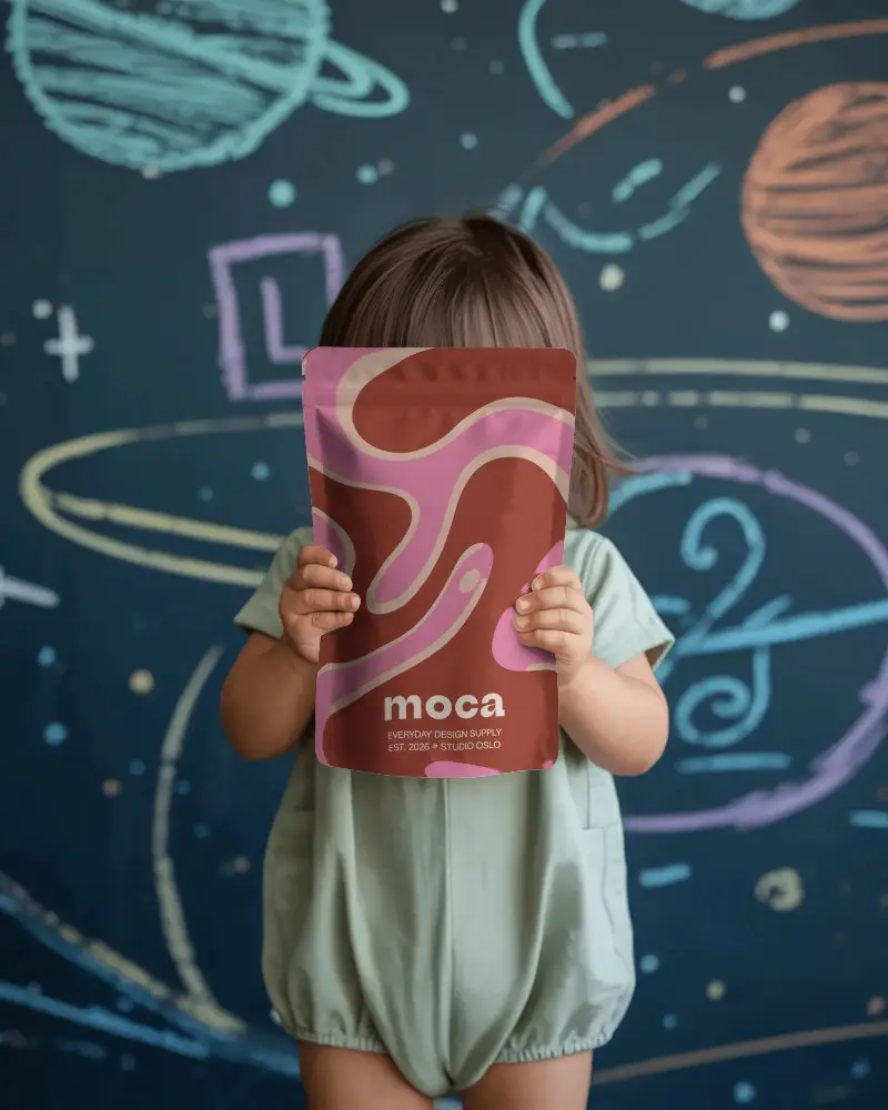 Child Holding Stand Up Pouch Mockup Space Background For Product Packaging Design