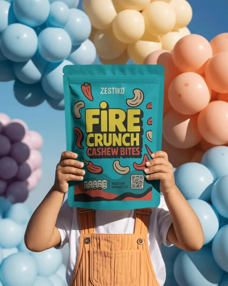 Child Holding Stand Up Pouch Mockup With Balloon Background For Product Presentation