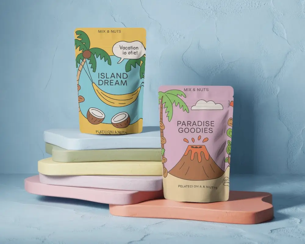 Pastel Platform Duo Pouch Mockup Against Textured Blue Wall Colorful Stack Playful Aesthetic