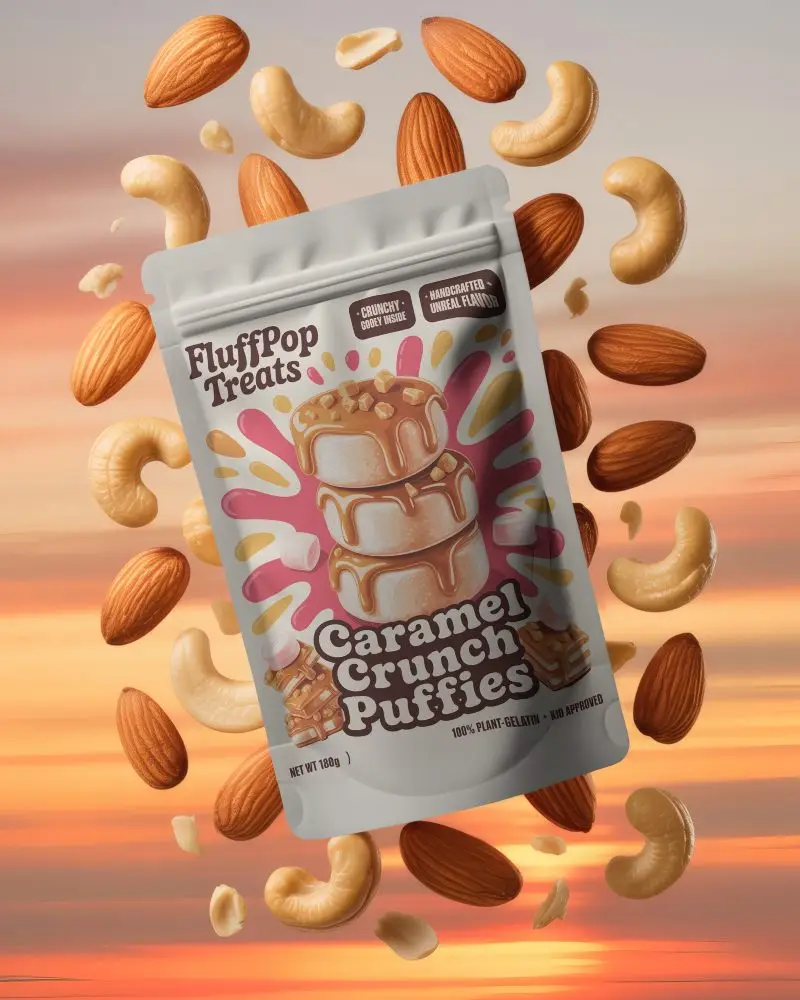 Floating Pouch Mockup With Almonds And Cashews Sunset Background Healthy Food Concept