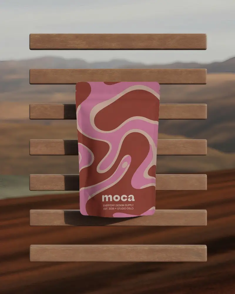 Wooden Plank Display Pouch Mockup Rustic Hiking Backdrop Warm Earthy Tones