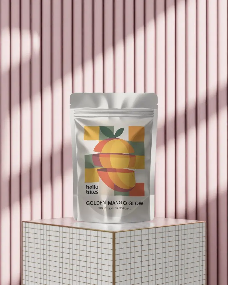 Soft Light Pouch Mockup On Grid Pedestal Pink Striped Background Sunny Shadow