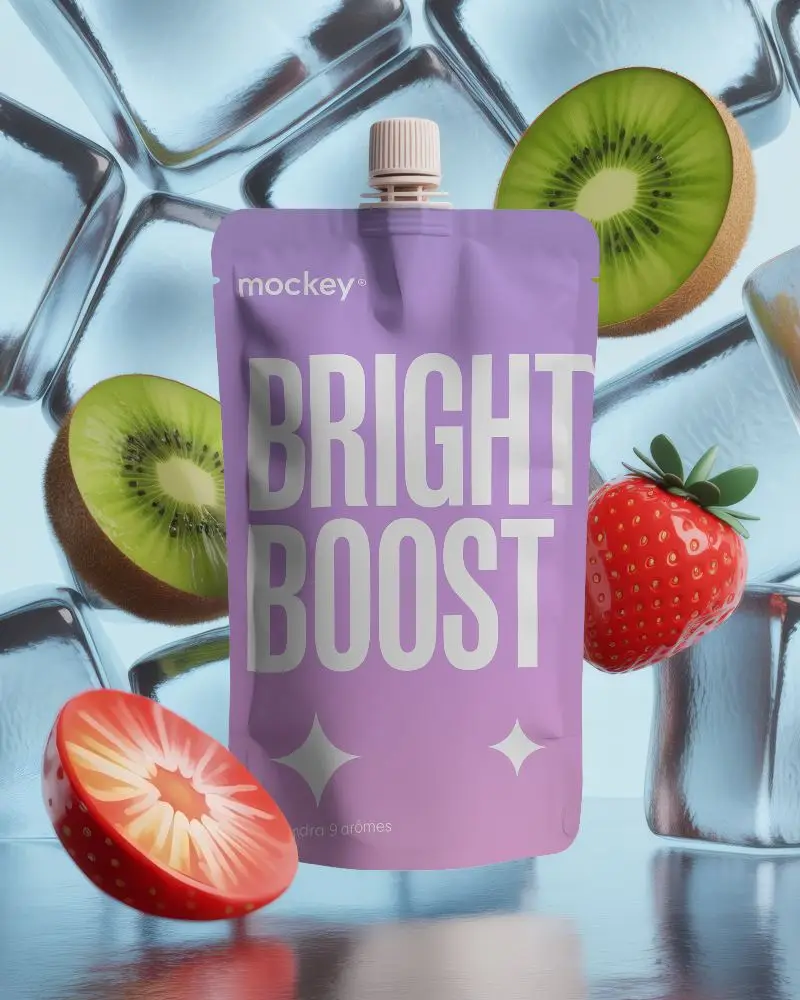 Fruity Pouch Mockup Floating With Ice Kiwi And Strawberry Cool Refreshing Theme