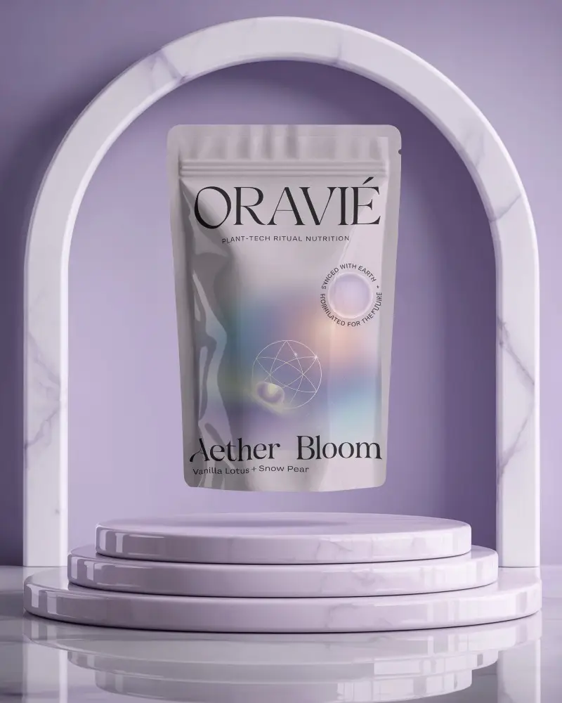 Marble Podium Arched Hall Pouch Mockup Glossy Pack Centered In Purple Themed Display