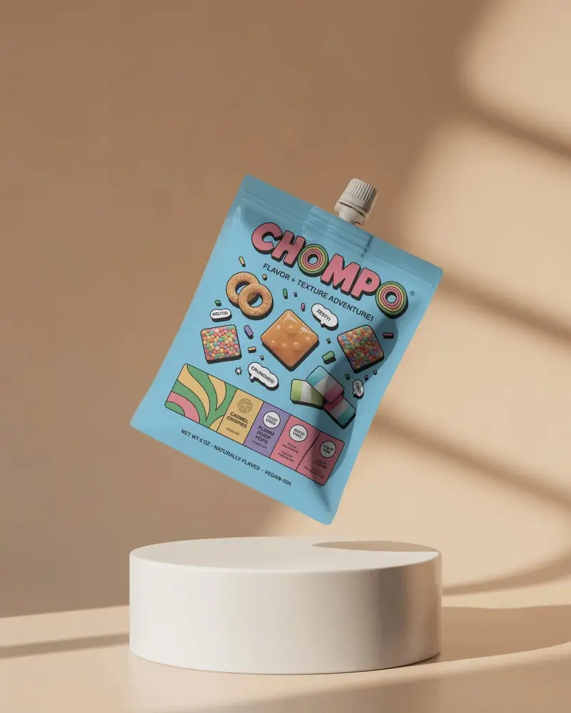 Angled Floating Spout Pouch On Cream Podium Soft Shadows And Golden Beige Studio Scene