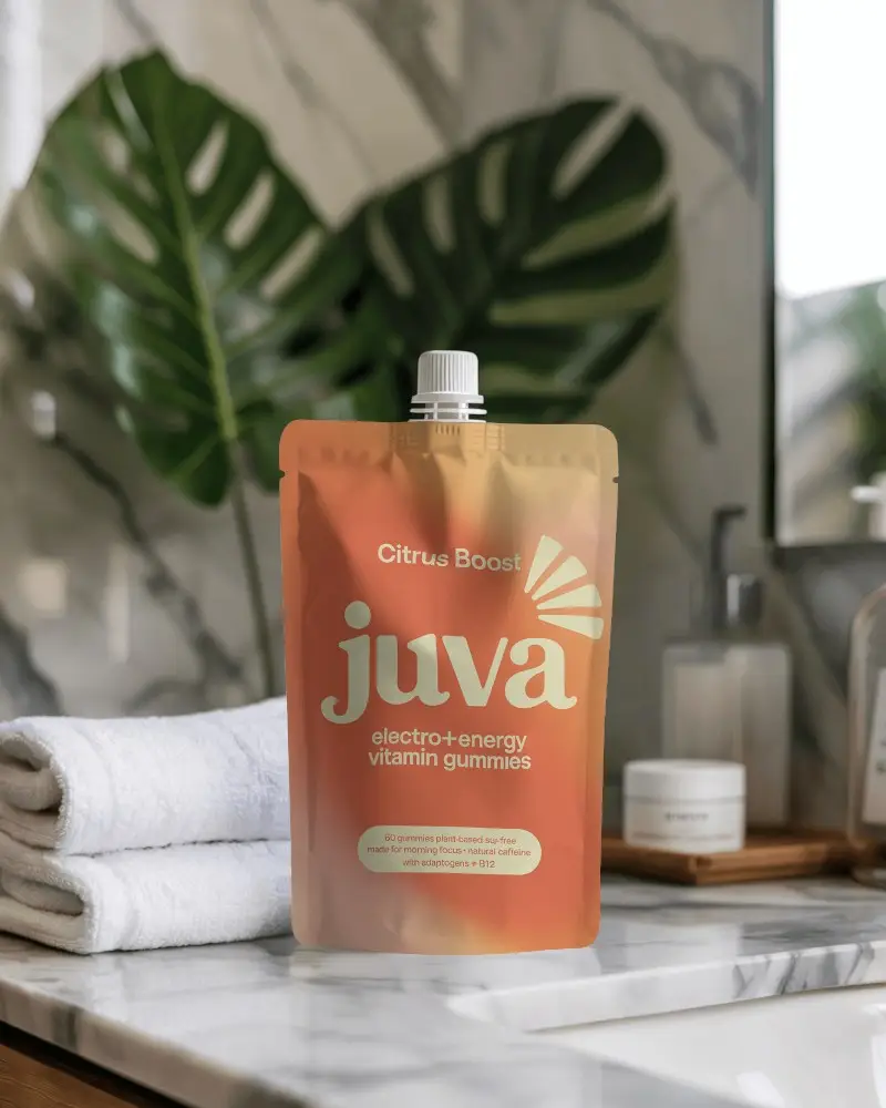 Spa Bathroom Pouch Mockup On Marble Sink With Towels Greenery And Toiletry Aesthetic