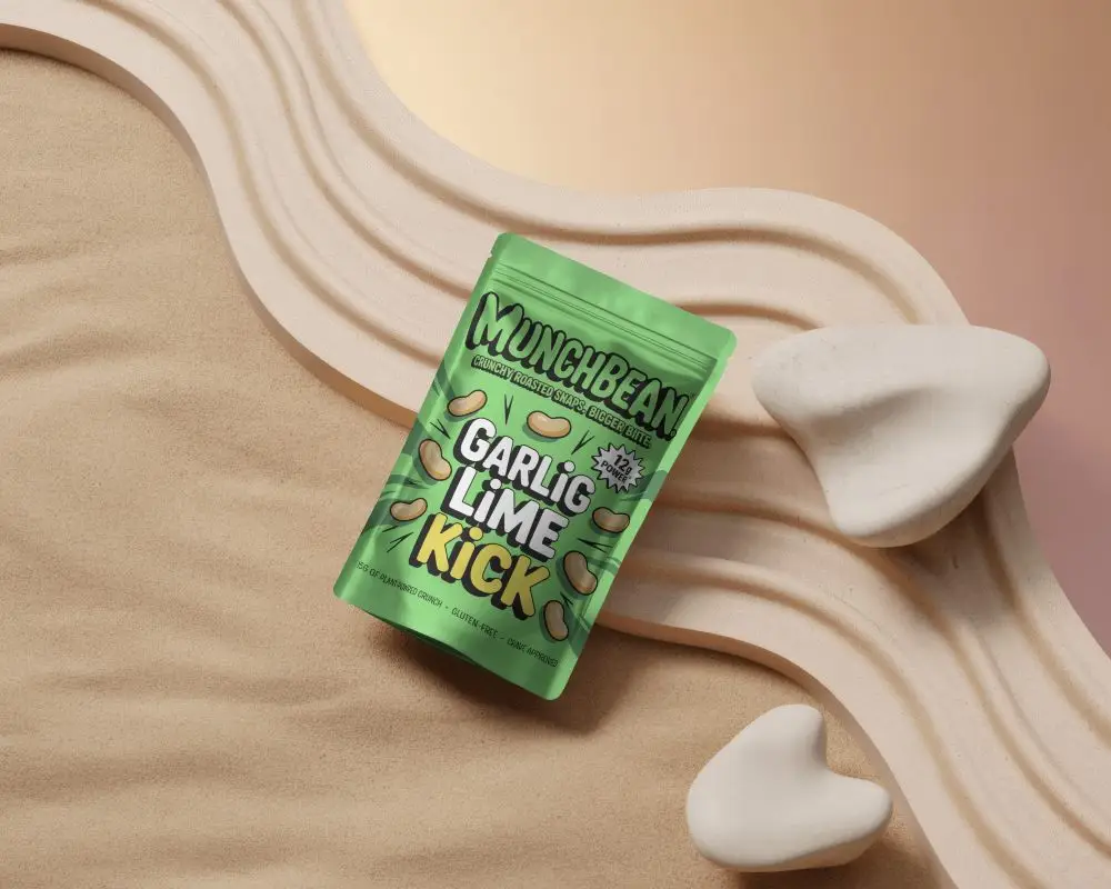 Curved Sandscape Pouch Mockup Flat Lay With Organic Stones And Wavy Beige Surface