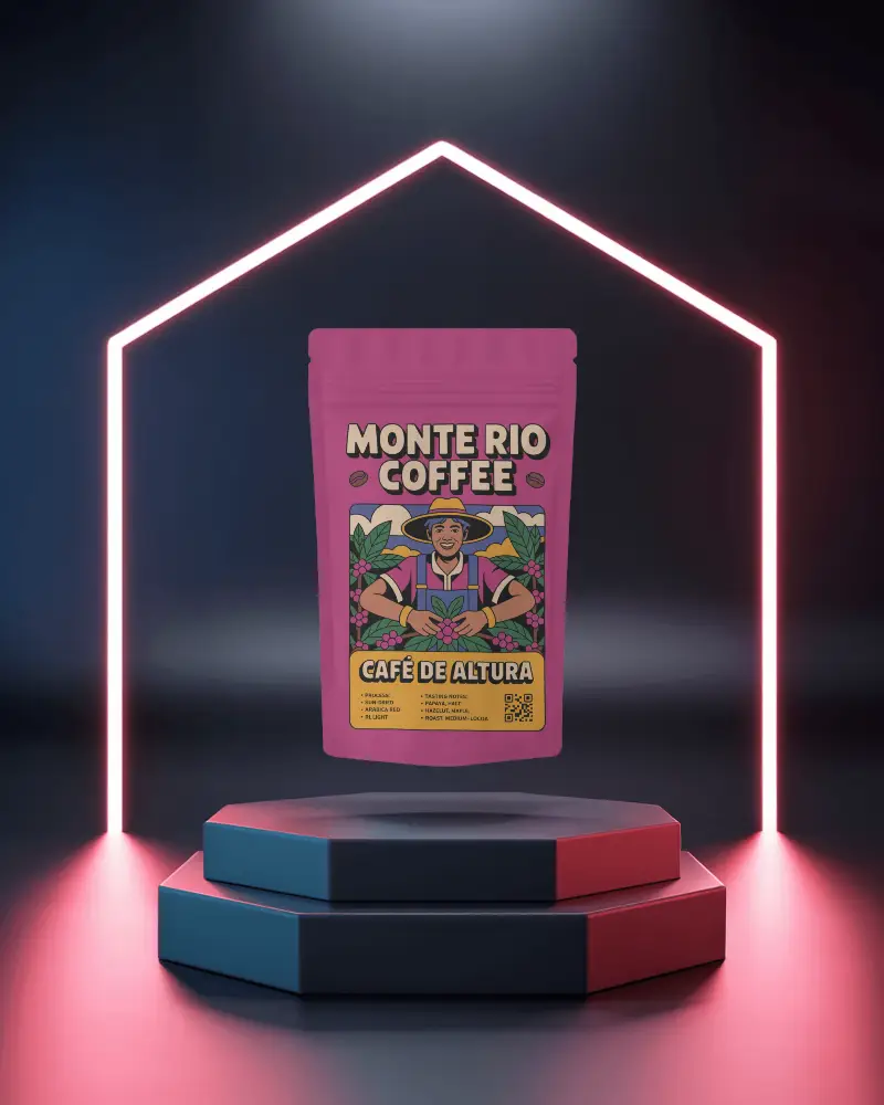 Floating Stand Up Pouch Mockup On Neon Lit Podium In Dark Futuristic Studio Setup