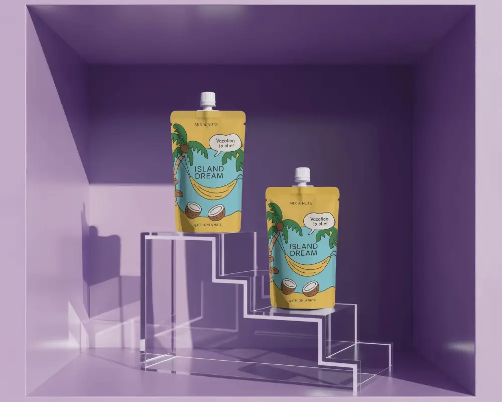 Twin Pouch Mockup On Glass Stairs Vibrant Lavender Box With Hard Shadow Light Play