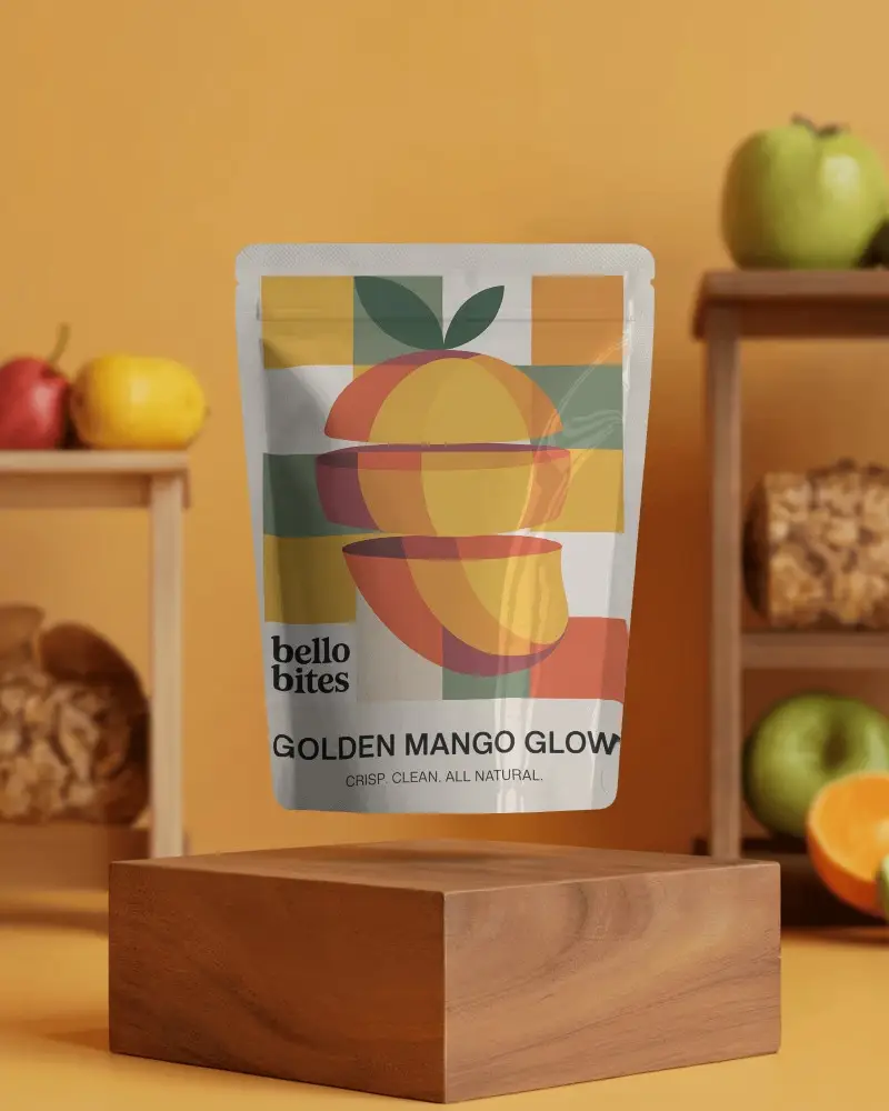 Floating Pouch Mockup On Wooden Block With Orange Kitchen Background And Fruits
