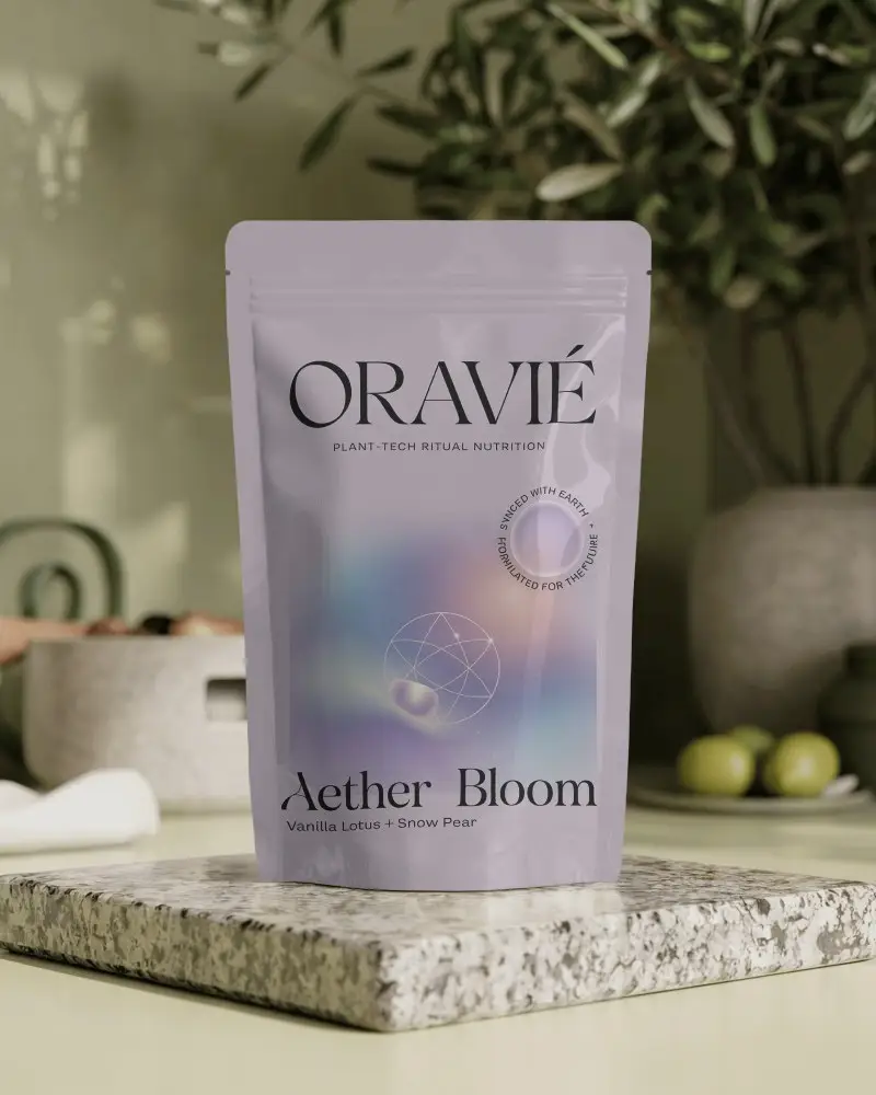 Glossy Pouch Mockup On Granite Block In Kitchen Setup With Olive Tree Natural Light And Shadows