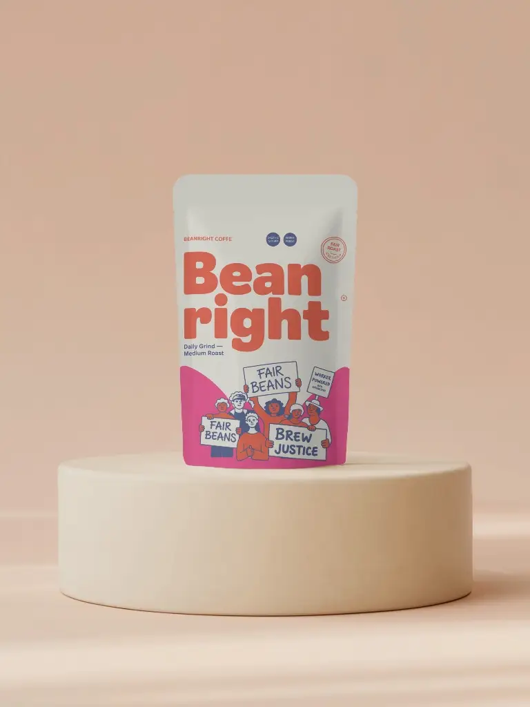 Minimal Pouch Mockup On Soft Round Platform Against Warm Peachy Studio Light Background