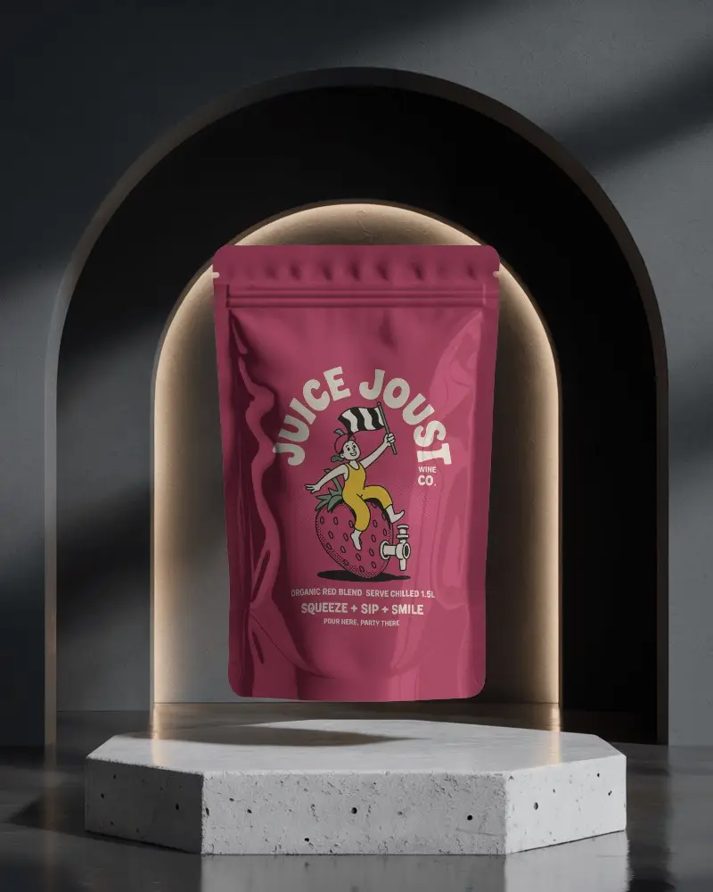 Luxury Pouch Mockup In Arched Niche With Backlit Light On Cement Stage