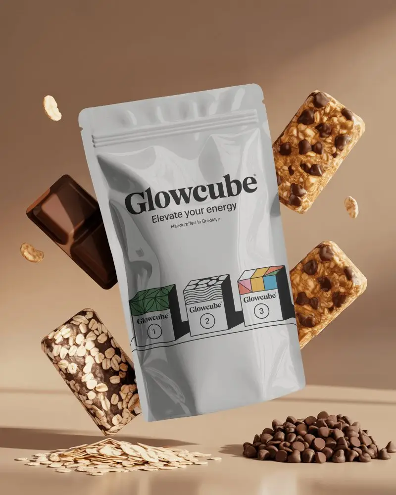 Floating Pouch Mockup With Oats Choco Chips Protein Bar Surround