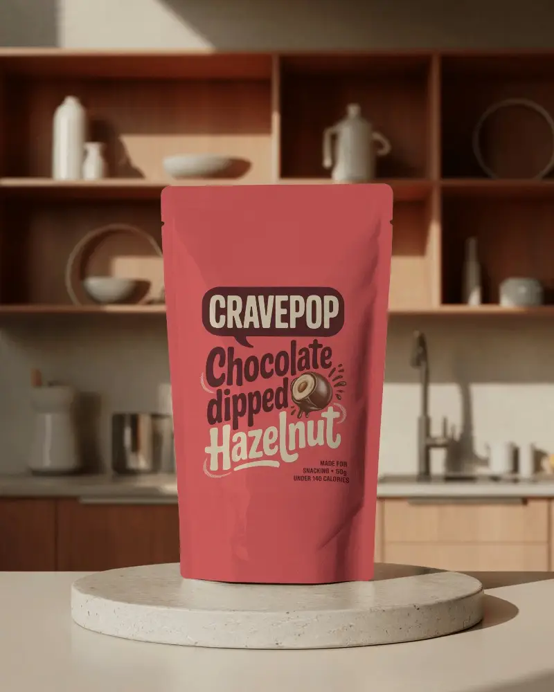 Natural Light Pouch Mockup On Circular Stone Slab With Kitchen Shelf Background