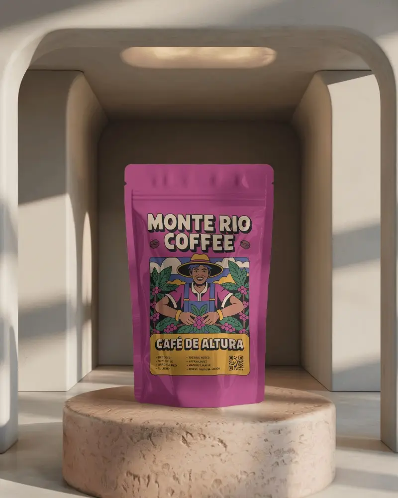 Neutral Arched Room Pouch Mockup On Round Stone Base With Sunlight Highlights