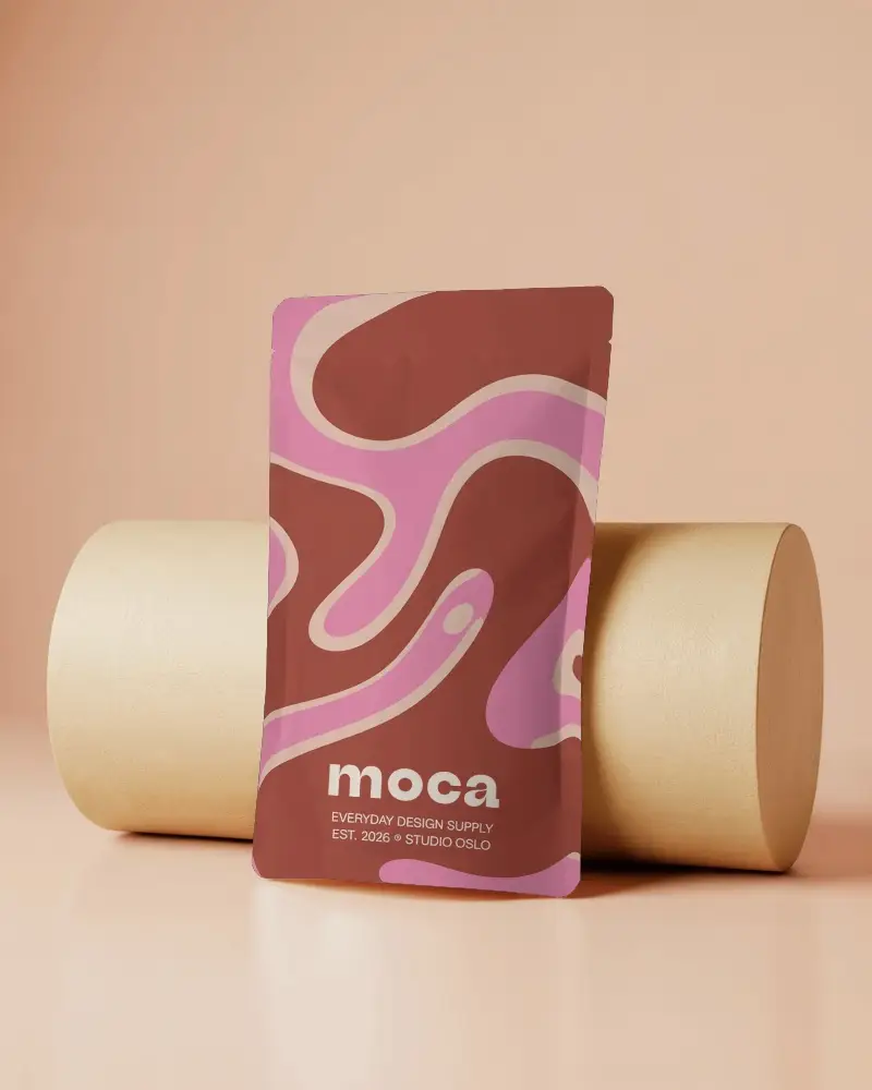 Pastel Orange Pouch Mockup With Round Podium Backdrop Modern Packaging Display