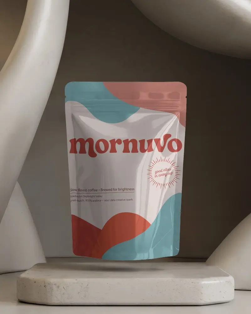 Matte Pouch On Sculpted Stone Stand Organic Beige Marble Background Abstract Luxury Scene