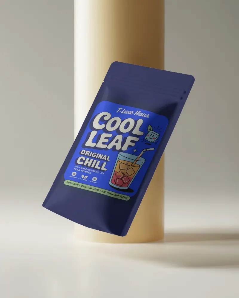 Tilted Floating Pouch Mockup Soft Gradient Background Yellow Column Minimalist Elegance