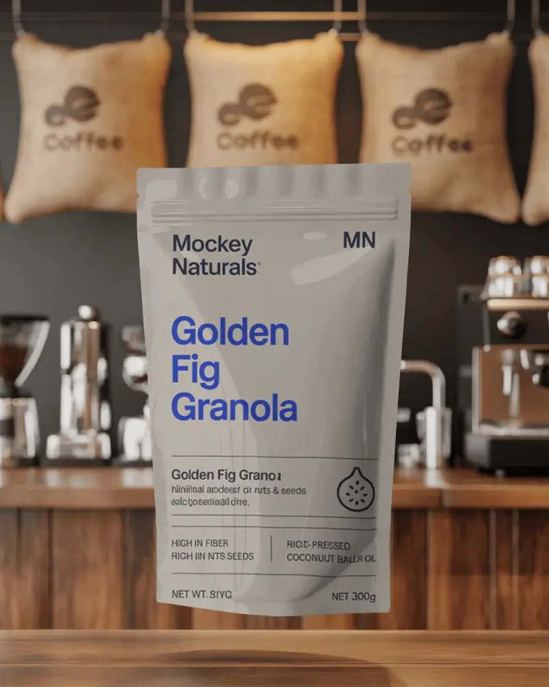 Cafe Counter Coffee Themed Pouch Mockup Floating On Wooden Table With Coffee Sack Backdrop