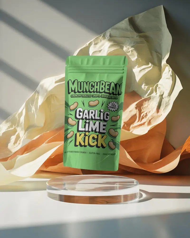 Sunlit Floating Pouch Mockup On Glass Stand With Crumpled Paper Background Warm Textures