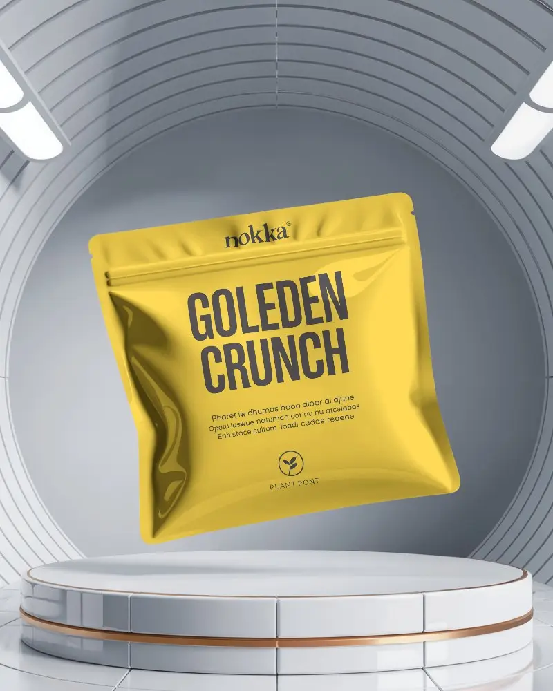 Shiny Metallic Pouch Mockup Floating On Sci Fi Rotating White Podium With Curved Lighting