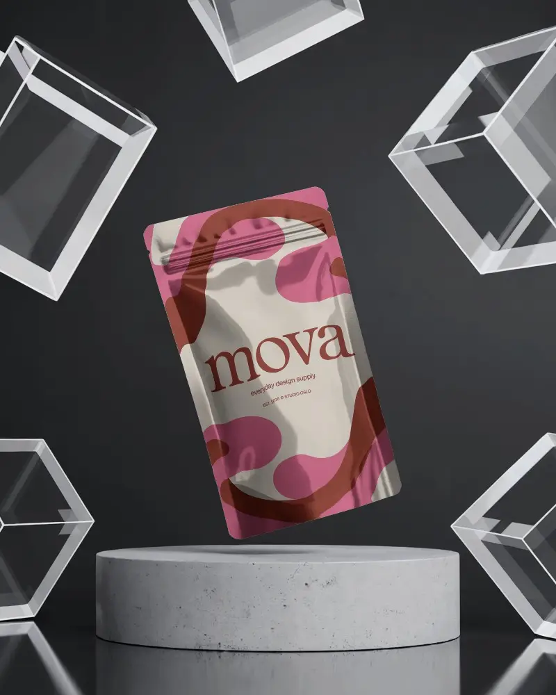 Dramatic Pouch Mockup Hovering On Concrete Platform Surrounded By Floating Crystals