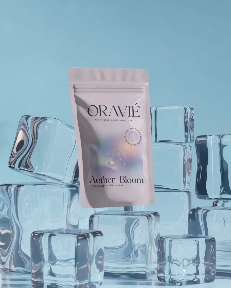 Glossy Pouch Mockup Floating Above Transparent Ice Cubes On A Cool Blue Backdrop