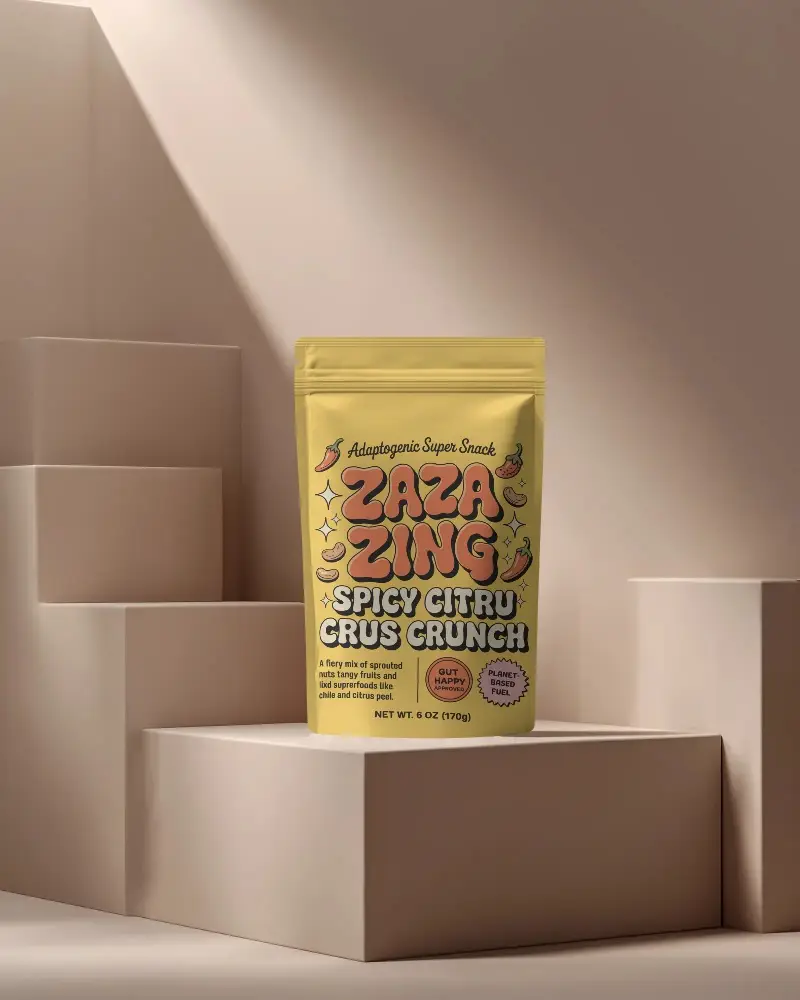Matte Pouch Mockup On Beige Steps With Soft Lighting For Minimalist Coffee Or Snack Branding
