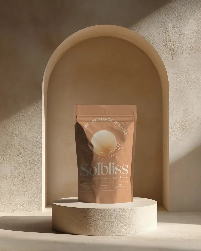 Matte Finish Zipper Pouch Mockup On Geometric Pedestal In Sunny Luxury Neutral Environment