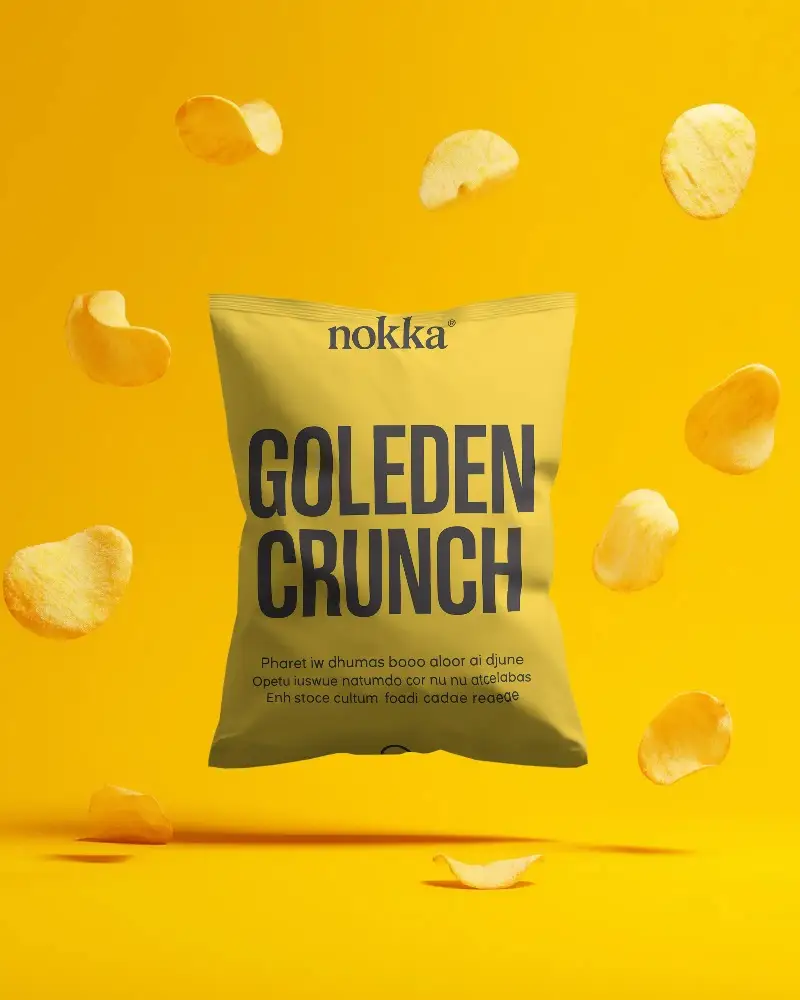 High Quality Snack Pack Pouch Mockup With Floating Potato Chips On Bright Background