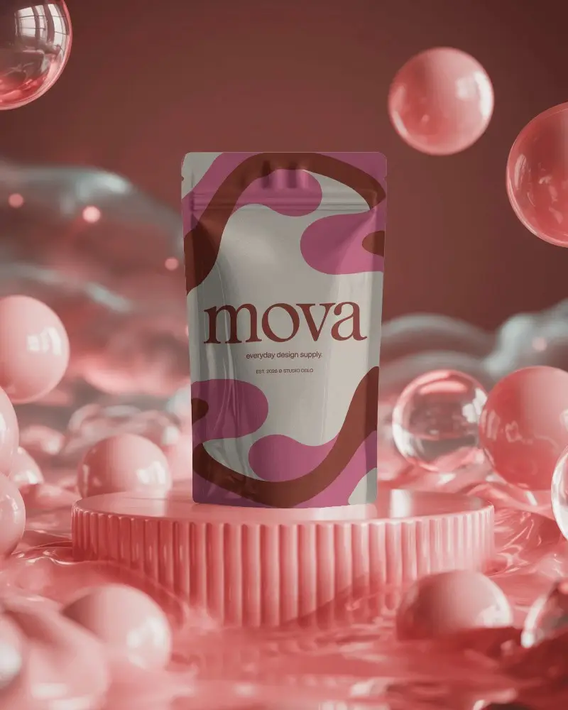 Glossy Pouch Mockup With Digital Bubbles Background Food Packaging Display