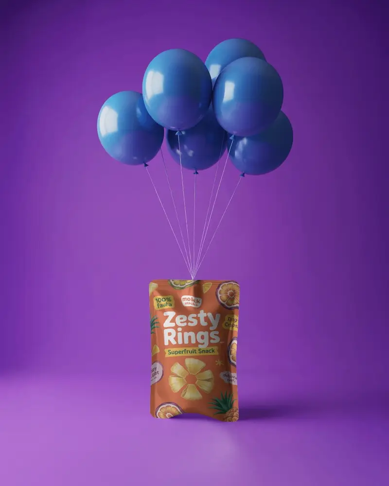 Premium Flexible Pouch Mockup With Floating Balloons For Product Presentation