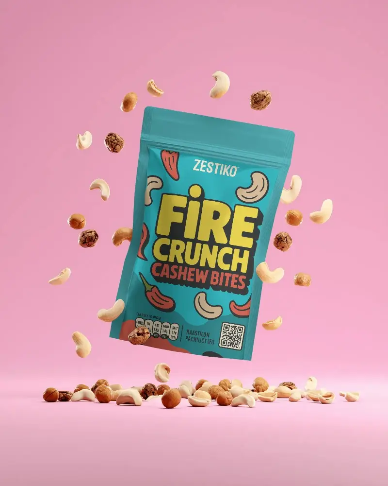 Blank Matte Pouch Mockup Surrounded By Nuts Floating On Pastel Backdrop