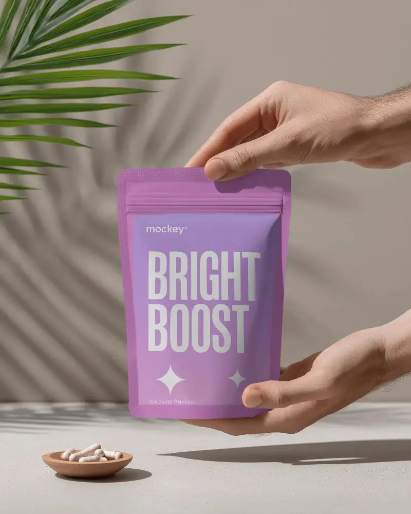 Resealable Stand Up Pouch Mockup For Health Supplements Packaging Design Presentation