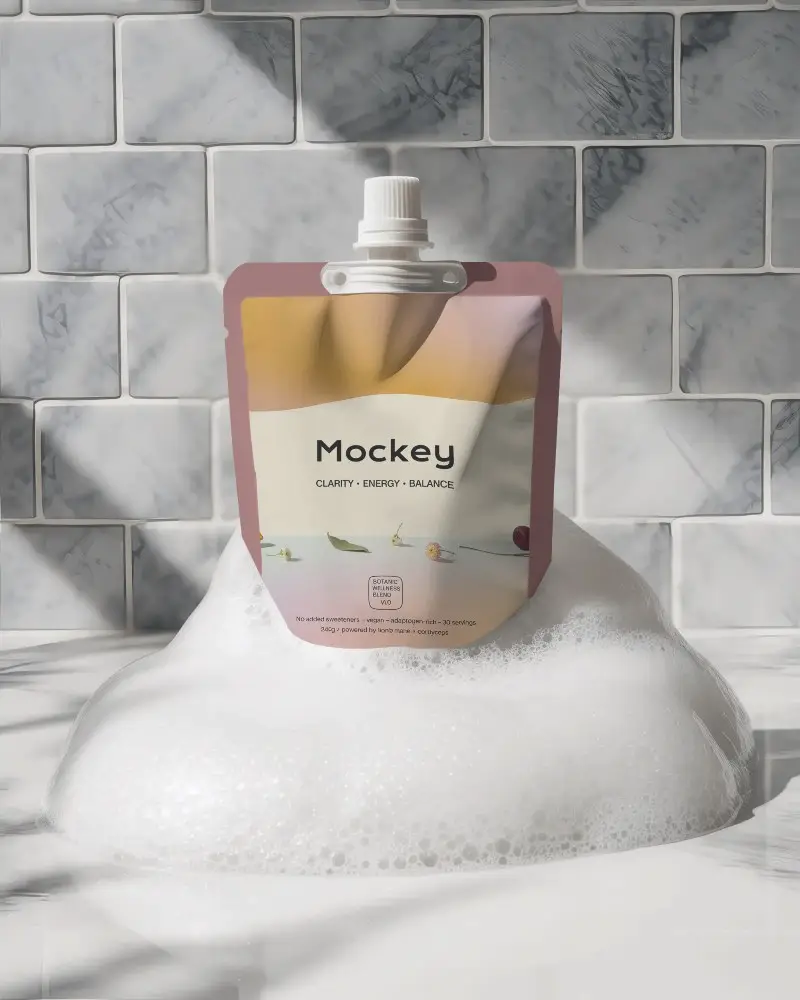 Reusable Squeeze Pouch With Spout Foam Bubble Background Liquid Packaging Container Mockup