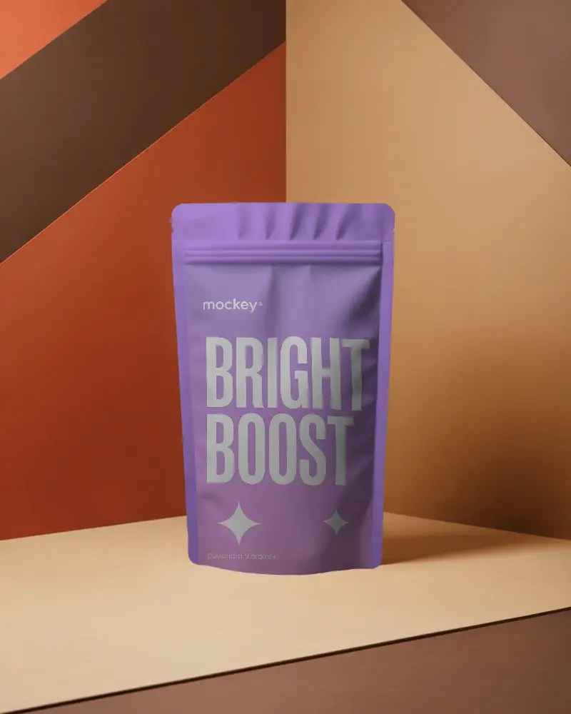 Blank Foil Pouch Mockup On Geometric Background For Label Branding Display