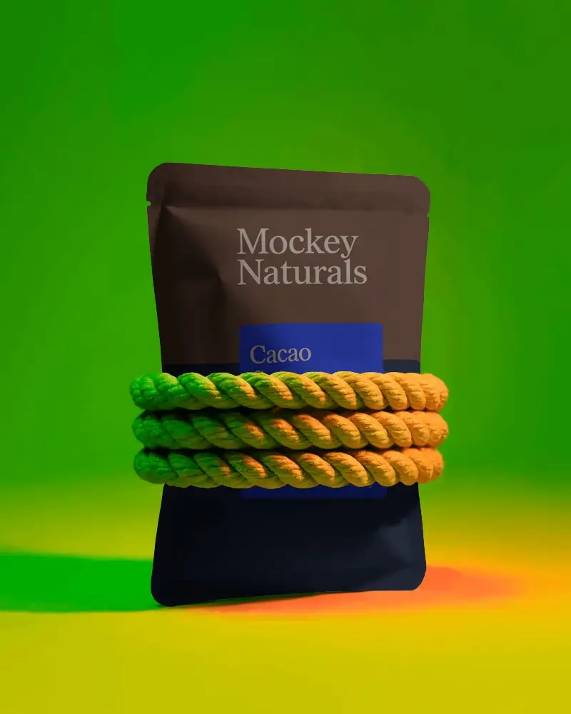 Stand Up Pouch Packaging Mockup With Rope Around Front View Isolated