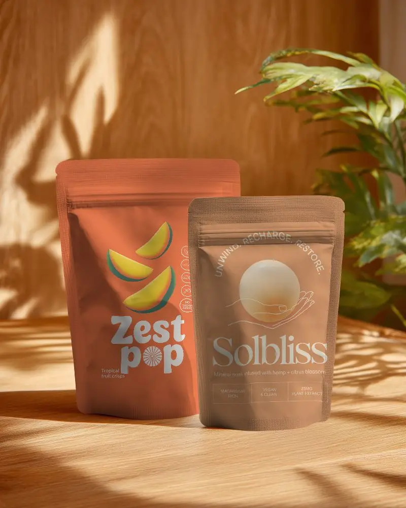 Reusable Stand Up Pouches Mockup With Zipper Lock For Food Packaging And Retail Display Solutions