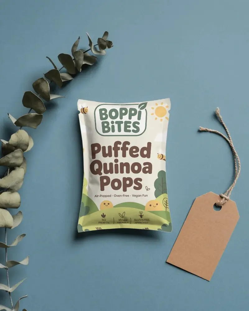 Realistic Flat Lay Pouch Packaging Mockup With Tag And Dried Leaves For Marketing Use